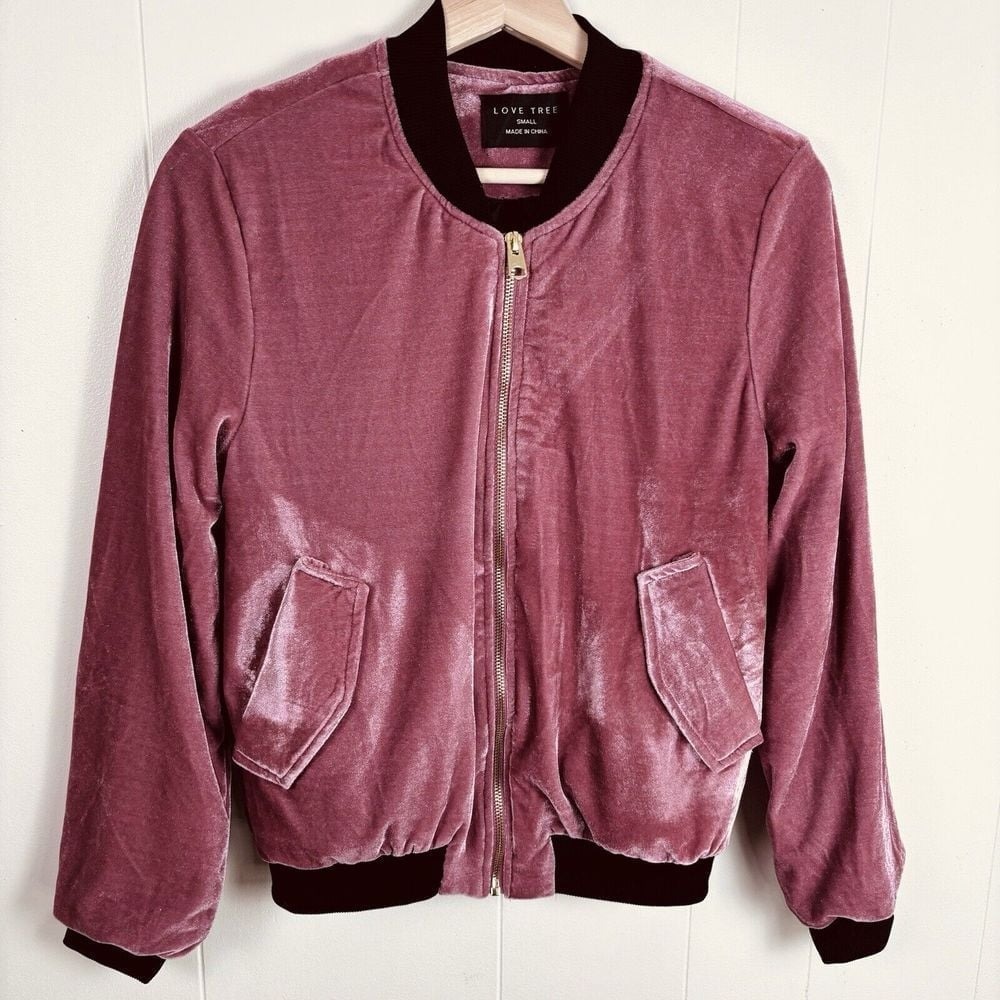 Love Tree Velvet Plush Pink Bomber Jacket‎ Women's Size Small